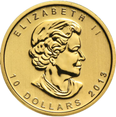 Золотая монета Канады "Кленовый лист", Canadian Gold Maple Leaf 10 долларов, 1/4 OZ
